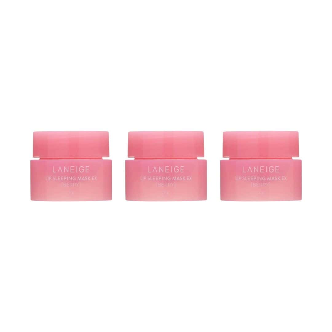 Three pink Laneige sleeping mask jars on a white background