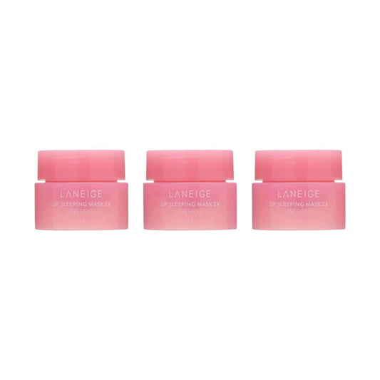 Three pink Laneige sleeping mask jars on a white background