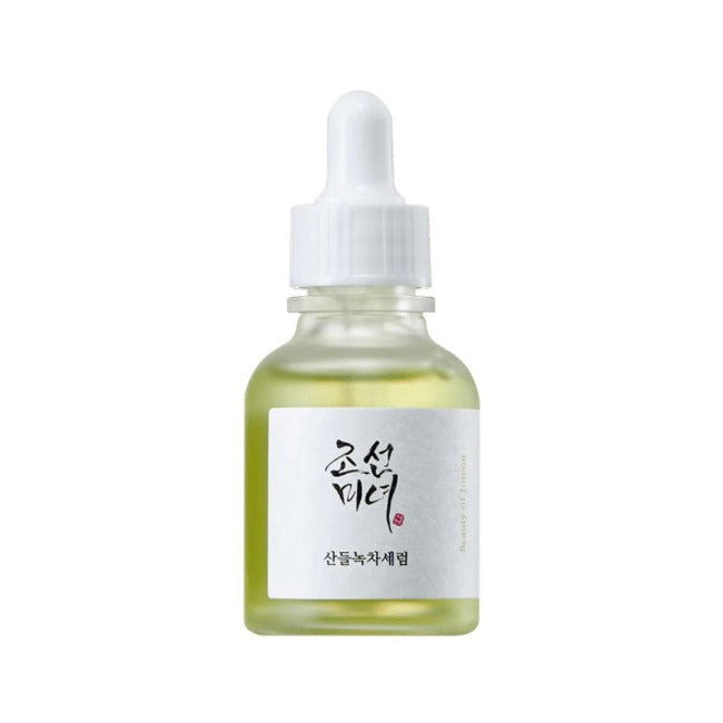 Bottle of skincare serum calming serum green tea panthenol