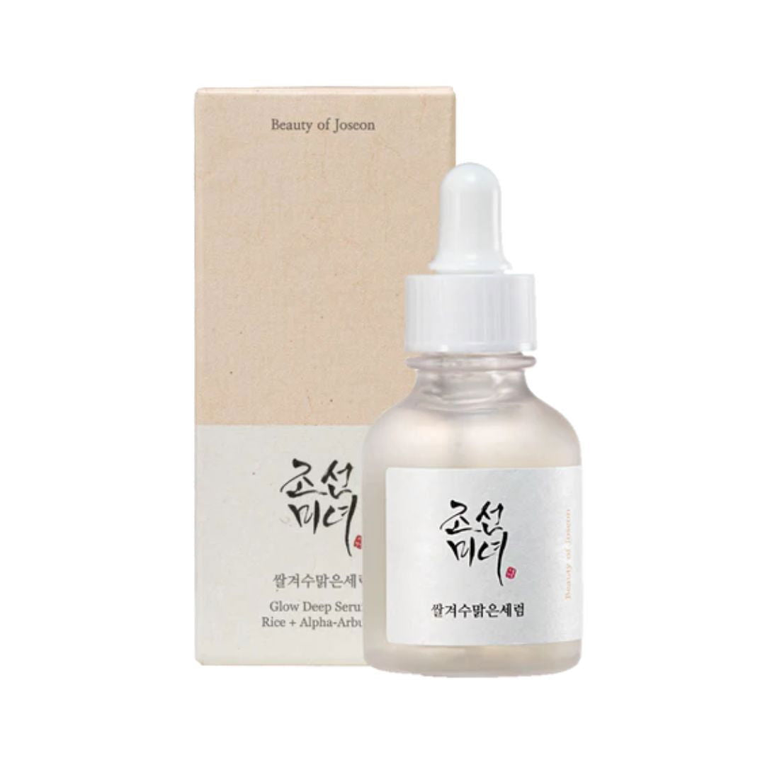 Beauty of Joseon Glow Deep serum Rice Alpha Arbutin bottle with dropper and packaging on a white background