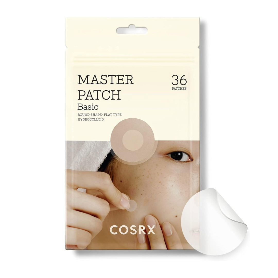 COSRX Master Patch Basic packaging with a patch on skin and a white patch displayed.