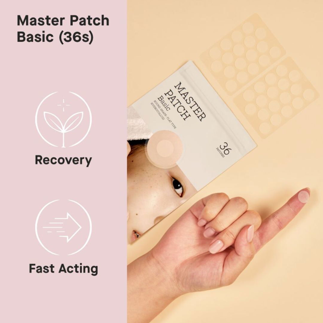 Cosrx Master Patch Basic (36s) with a person applying it to their face 