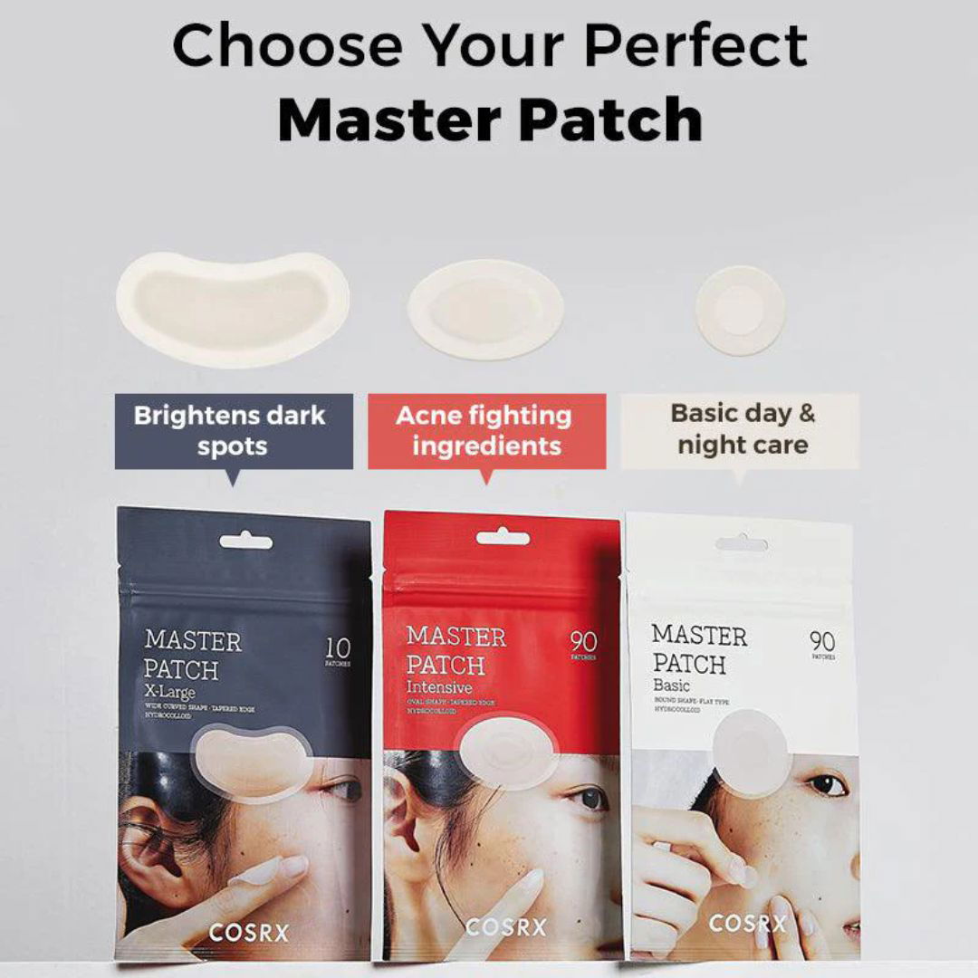 Cosrx master patch packaging with different types of patches on a gray background