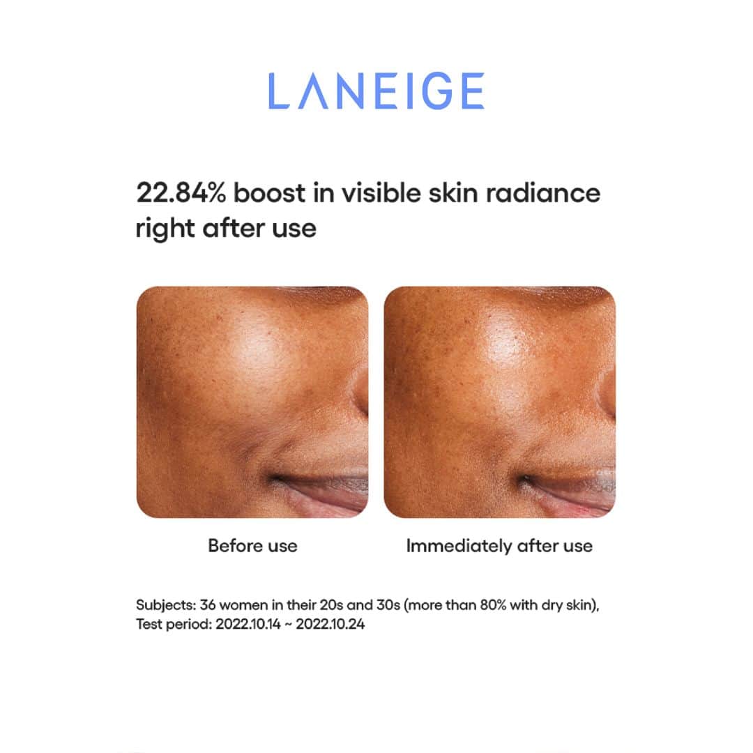 Laneige skincare product comparison showing before and after use on skin.
