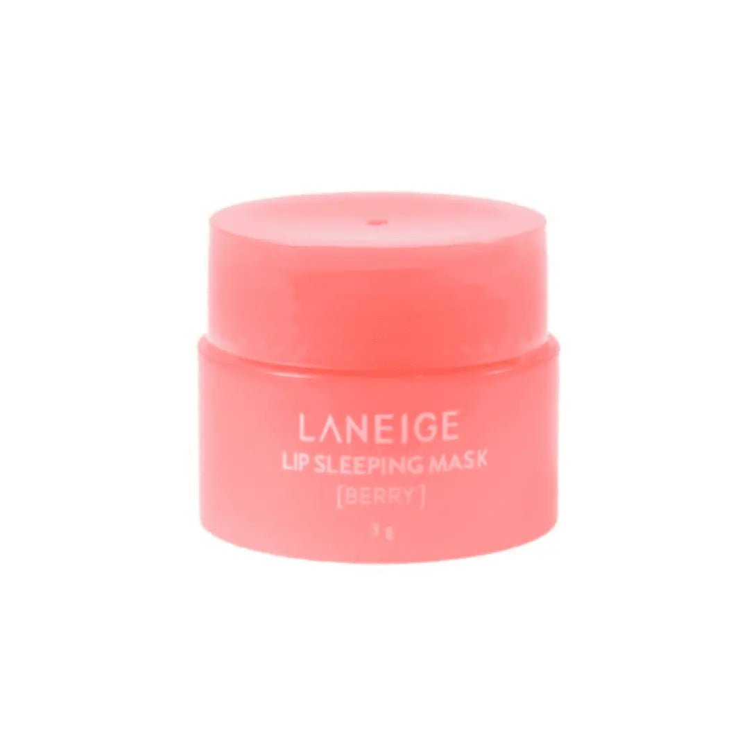 Pink jar of Laneige lip sleeping mask on a white background