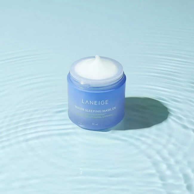 Laneige water sleeping mask jar on a light blue background