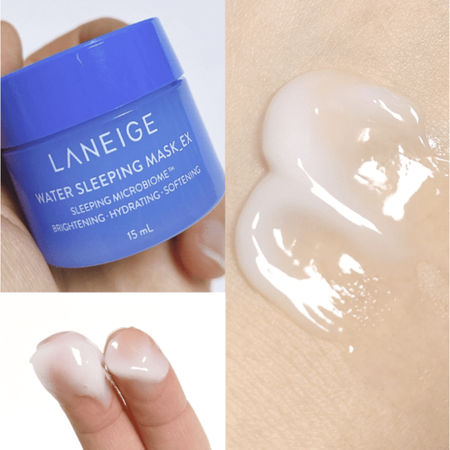 Laneige Water Sleeping Mask EX with cream on skin and close-up of cream.