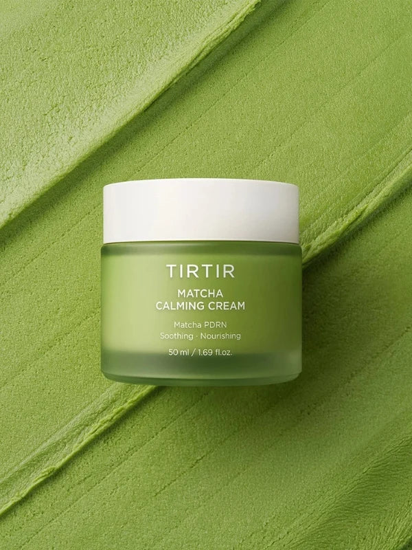 Jar of TIRTIR Matcha Calming Cream on a green background