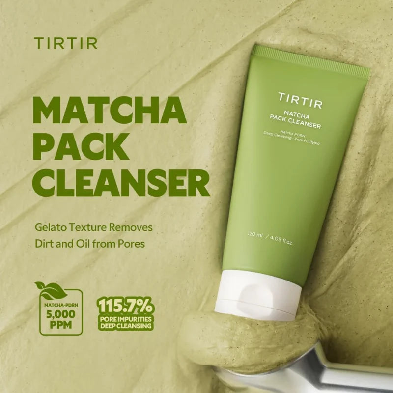 TIRTIR Matcha Pack Cleanser tube on a beige background with product details.