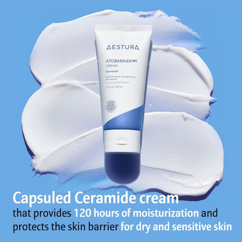 Aestura Atobarrier Pro cream tube on a blue background with cream swatches.
