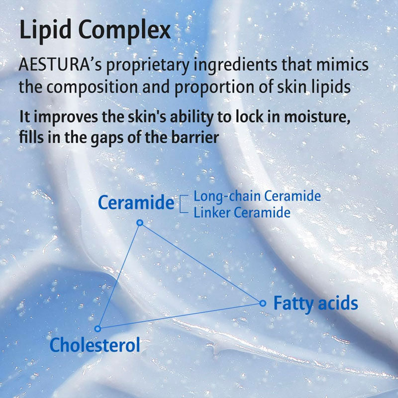 Diagram of AESTURA's lipid complex with text explaining its benefits on a blue background.
