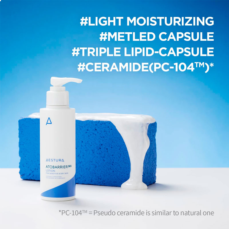 Skincare product with blue sponge on a light blue background, featuring text about moisturizing and lipid-capsule technology.