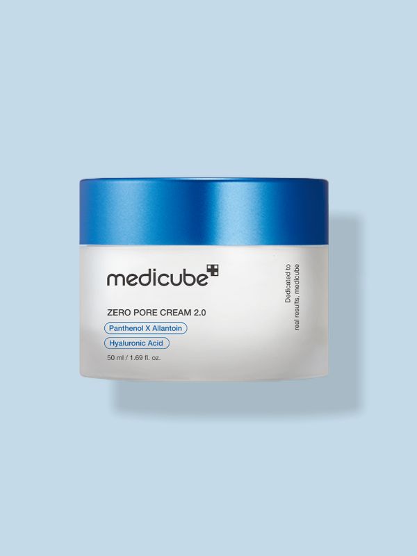 Medicube Zero Pore Cream 2.0 jar on a light blue background
